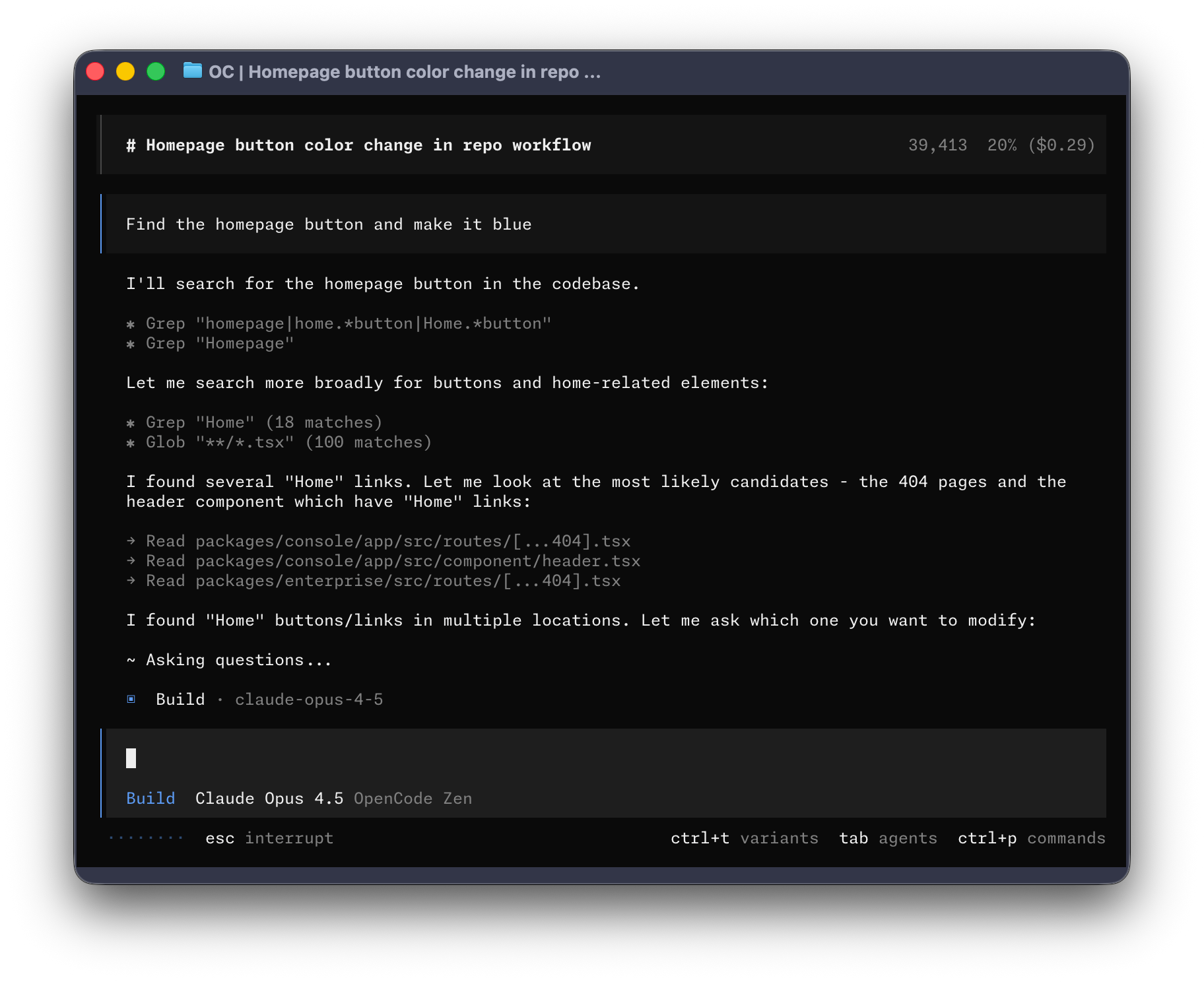 OpenCode session showing the Build agent, Claude Opus 4.5, and Zen status line